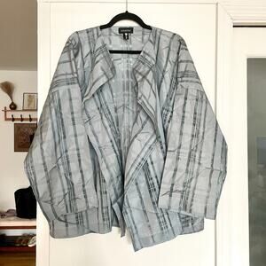 Eskandar Silk Windowpane Lightweight Open Jacket One Size Blue Gray Pattern OSFA